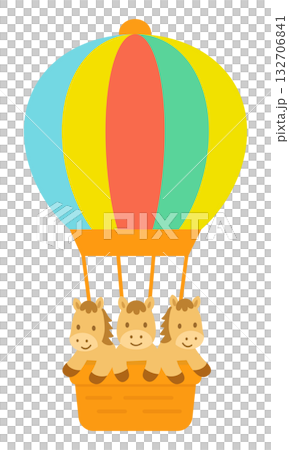 カラフルな気球に乗って旅を楽しむかわいい馬のフラットデザインイラスト 132706841