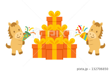 クラッカーを鳴らしてプレゼントを囲むかわいい馬のフラットデザインイラスト 132706850