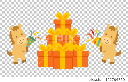 クラッカーを鳴らしてプレゼントを囲むかわいい馬のフラットデザインイラスト 132706850