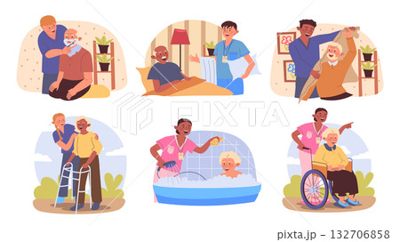 Nursing home concept set with cartoon people for web design. Collection with elderly patients and medical staff, nurses supporting, shaving, putting clothes, bathing, walking. Vector illustration. 132706858
