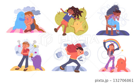 Mindset wellbeing concept set with cartoon people for web design. Collection with children with inner monster mascot in different emotions, sad, happy, lonely, thinking, more. Vector illustration. 132706861