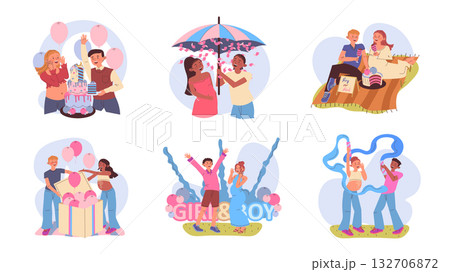 Gender party concept set with cartoon people for web design. Collection with pregnancy mother with young father at girl or boy reveal baby shower party, pink and blue decoration. Vector illustration. 132706872