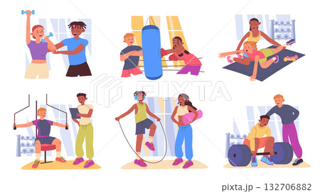 Fitness at gym concept set with cartoon people for web design. Collection with athletes training with dumbbells, boxing, do pilates, yoga, exercising with trainer, weightlifting. Vector illustration. 132706882