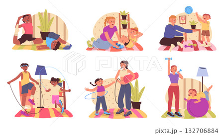 Family sport concept set with cartoon people for web design. Collection with parents and children do yoga and fitness, exercising, playing ball, jumping rope and hoop spinning. Vector illustration. 132706884