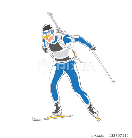 Biathlon racer, isolated vector drawing. Flat design illustration of biathlon skier. Winter sports, front view Biathlon racer, isolated vector drawing. Flat design illustration of biathlon skier. Winter sports, front view 132707113