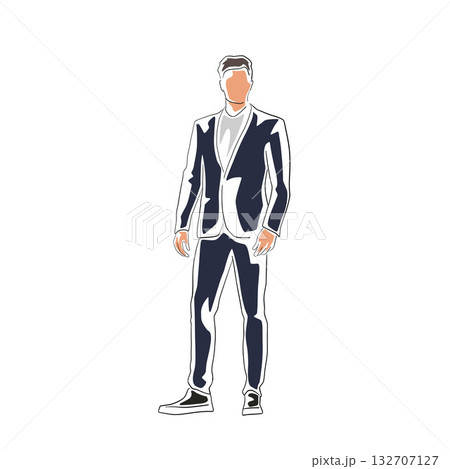 Flat design illustration of a businessman in a suit standing, front view. Can represent model, manager, office worker, professional. 132707127