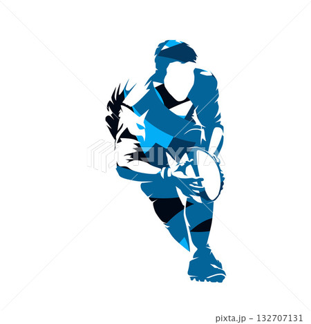 Rugby player running with ball, front view. Abstract blue isolated vector illustration 132707131