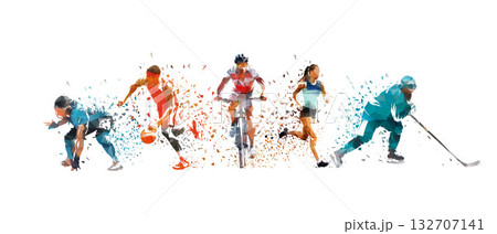 Sports, group of lowpoly collage of five athletes - mountain biking, running, ice hockey, basketball and American football. 132707141