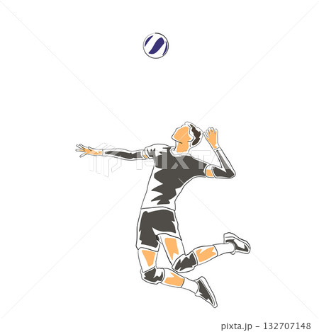 Volleyball. Flat design illustration of a male volleyball player in black or grey uniform jumping to spike or serve the ball. Volleyball. Flat design illustration of a male volleyball player in black or grey uniform jumping to spike or serve the ball. 132707148
