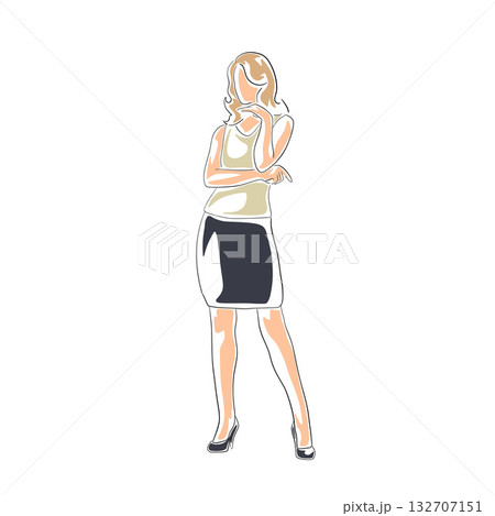 Business woman standing and thinking, isolated flat design vector illustration. Line art clipart 132707151