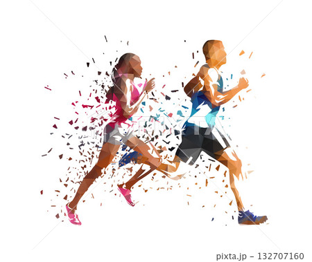 Run, running people - man and woman, low poly isolated vector sports illustration, side view. Track and field athletes Run, running people - man and woman, low poly isolated vector sports illustration, side view. Track and field athletes 132707160