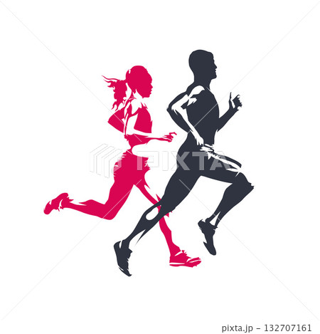 Marathon run, running people man and woman. Run logo, isolated vector silhouette 132707161