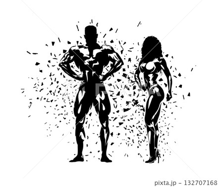 Bodybuilding, group of posing bodybuilders, man and woman, isolated vector silhouette with dispersion effect Bodybuilding, group of posing bodybuilders, man and woman, isolated vector silhouette with dispersion effect 132707168