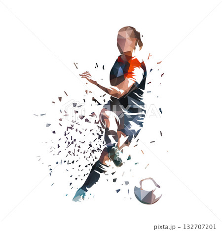 Soccer, female football player kicking ball, low polygonal isolated vector illustration. Woman playing soccer, team sport athlete Soccer, female football player kicking ball, low polygonal isolated vector illustration. Woman playing soccer, team sport athlete 132707201