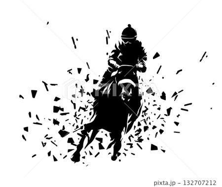 Horse racing. High contrast vector illustration of a jockey riding a horse at full speed, front view Horse racing. High contrast vector illustration of a jockey riding a horse at full speed, front view 132707212