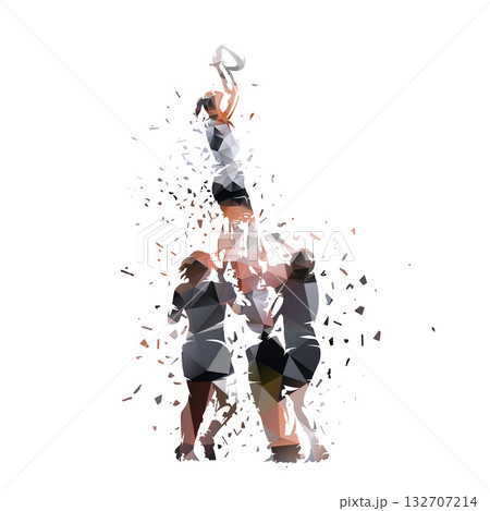 Rugby women, line-out. Lifters with jumper. Low polygonal isolated vector illustration with dispersion effect Rugby women, line-out. Lifters with jumper. Low polygonal isolated vector illustration with dispersion effect 132707214