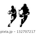 Rugby, group of rugby players, man and woman with ball, front view. Isolated vector silhouette, clipart. Team sports 132707217