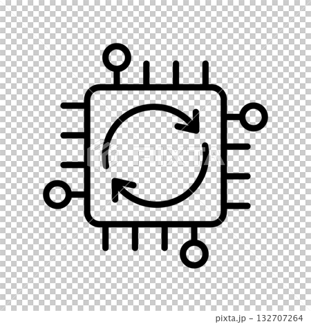 更新されているファームウエアのアイコン。半導体の中心には回転している矢印があります。 更新されているファームウエアのアイコン。半導体の中心には回転している矢印があります。 132707264