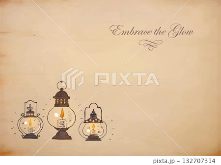 Three vintage doodle lanterns emitting warm light on vintage textured background. Vector sketch illustration with place for your text Three vintage doodle lanterns emitting warm light on vintage textured background. Vector sketch illustration with place for your text 132707314