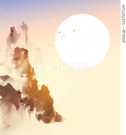 Ink wash painting with shining sun over high cliffs.Traditional oriental ink painting sumi-e, u-sin, go-hua. 132707320