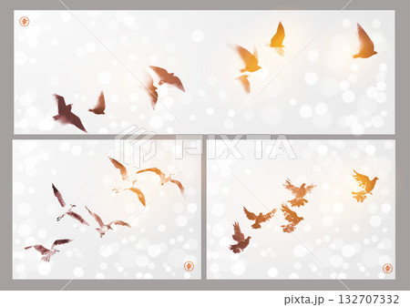 Set of three ink wash paintings of various birds in flight on white shimmering background. Traditional oriental ink painting sumi-e, u-sin, go-hua. Hieroglyph - happiness. Set of three ink wash paintings of various birds in flight on white shimmering background. Traditional oriental ink painting sumi-e, u-sin, go-hua. Hieroglyph - happiness. 132707332