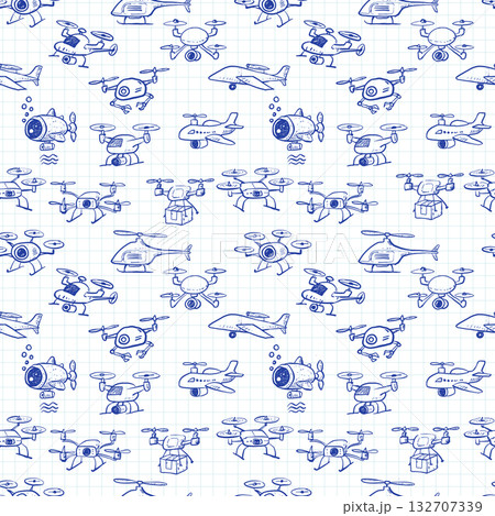 Seamless vector pattern of hand-drawn drones in a playful sketch style. Can be used for wallpaper, pattern fills, textile, web page background, surface textures. 132707339