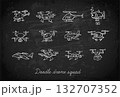 Childlike rough vector doodles of various drones on blackboard background. Delivery, underwater, quadcopter, helicopter, airplane, and spy drones 132707352