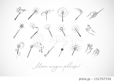 Magic wands and hand gestures with sparkles and stars in a clean vector doodle style on white background 132707356