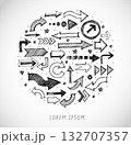 Hand-drawn doodle sketch arrows in various styles arranged in a circular pattern on white background 132707357