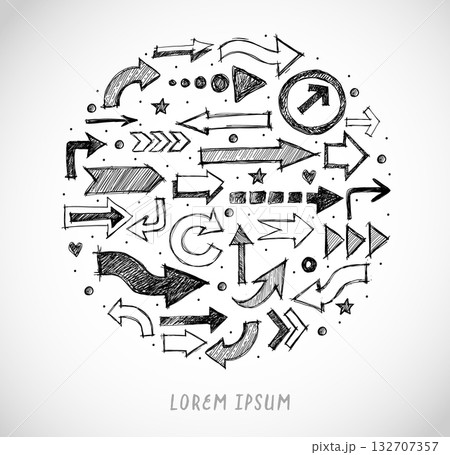 Hand-drawn doodle sketch arrows in various styles arranged in a circular pattern on white background 132707357