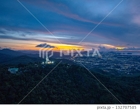 aerial photography Phuket big Buddha on hill top in sweet twilight. aerial photography Phuket big Buddha on hill top in sweet twilight. 132707585