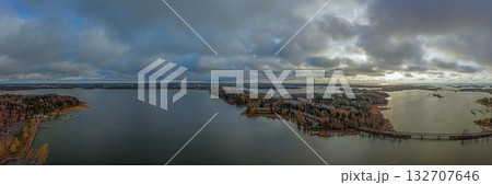 Aerial panorama of Espoo islands near Helsinki under dramatic cloudy sky 132707646