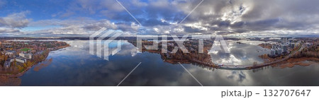 Drone panorama of Espoo city and archipelago near Helsinki with dramatic clouds 132707647