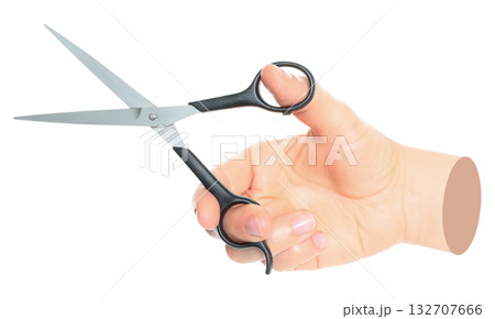 Woman hand cut by scissors, isolated on transparent background, office and household items concept. Contemporary art 132707666