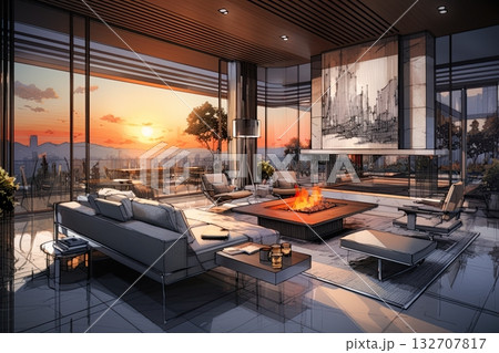 Interior design of a luxury living room. Sketch drawing, blueprint design. Ai Generative Interior design of a luxury living room. Sketch drawing, blueprint design. Ai Generative 132707817