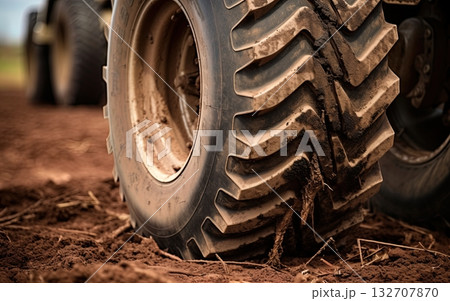 Tractor wheels covered in mud at agricultual field. Agronomy and farming concept. Ai generative 132707870