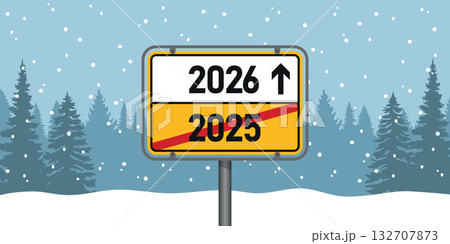 place sign with new year number 2026 in snowy winter landscape vector illustration 132707873