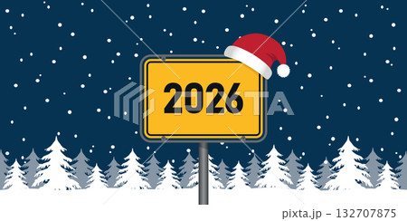 place sign with new year number 2026 in snowy winter landscape vector illustration 132707875