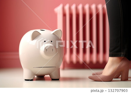 Piggy bank near radiator. Saving money on heating and reducing cost. Ai Generative Piggy bank near radiator. Saving money on heating and reducing cost. Ai Generative 132707903