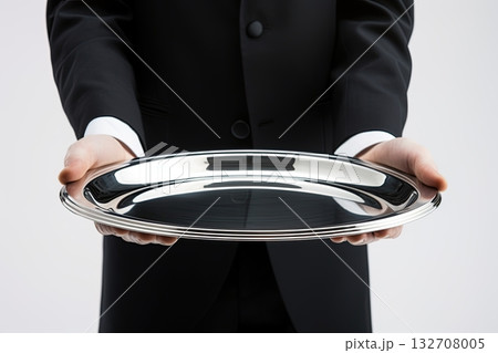 Waiter holding empty tray. Copy space. Add your design. Ai Generative 132708005