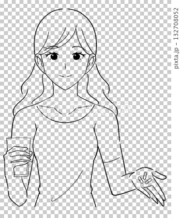 黑白插圖,描繪了一位女性服用保健品的情景。 黑白插圖,描繪了一位女性服用保健品的情景。 132708052