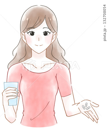 サプリを飲む女性の水彩風イラスト 132708054