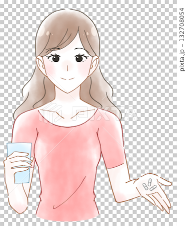 サプリを飲む女性の水彩風イラスト 132708054