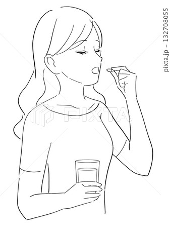 サプリを飲む女性の白黒イラスト 132708055
