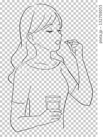 サプリを飲む女性の白黒イラスト 132708055