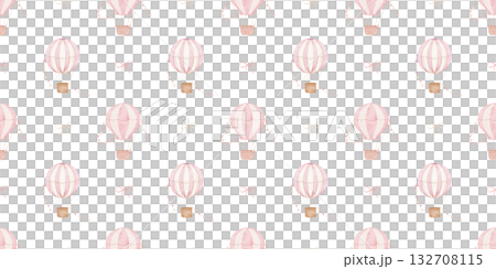 Seamless watercolor pattern with pink hot air balloons on white background, hand drawn repeating illustrations for girl 132708115