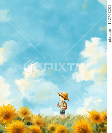 ひまわり畑と空を見上げる少年|夏の空と夢を描いた水彩風イラスト ひまわり畑と空を見上げる少年|夏の空と夢を描いた水彩風イラスト 132708203