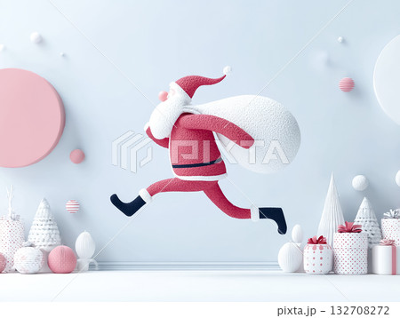 大きなプレゼント袋を背負ったサンタの急いでいるシーン 132708272