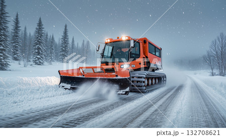 Heavy red snow groomer clearing fresh snow on forest trail during snowfall in winter mountain landscape, snowcat plow machine Heavy red snow groomer clearing fresh snow on forest trail during snowfall in winter mountain landscape, snowcat plow machine 132708621