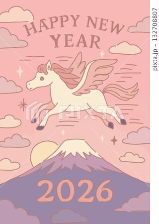 午年の馬と日の出の和風イラストのかわいい年賀状テンプレート 132708807